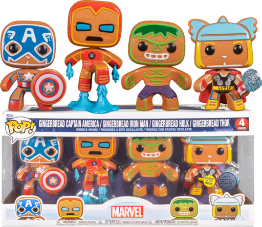 Funko Pop! Marvel: Holiday - Gingerbread Captain America, Iron Man, Thor & Hulk Glow in the Dark - 4-Pack - Pop Basement