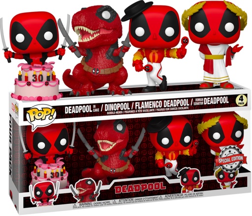 Funko Pop! Deadpool - Deadpool in Cake, Dinopool, Flamenco & Roman Senator 30th Anniversary - 4-Pack - Pop Basement
