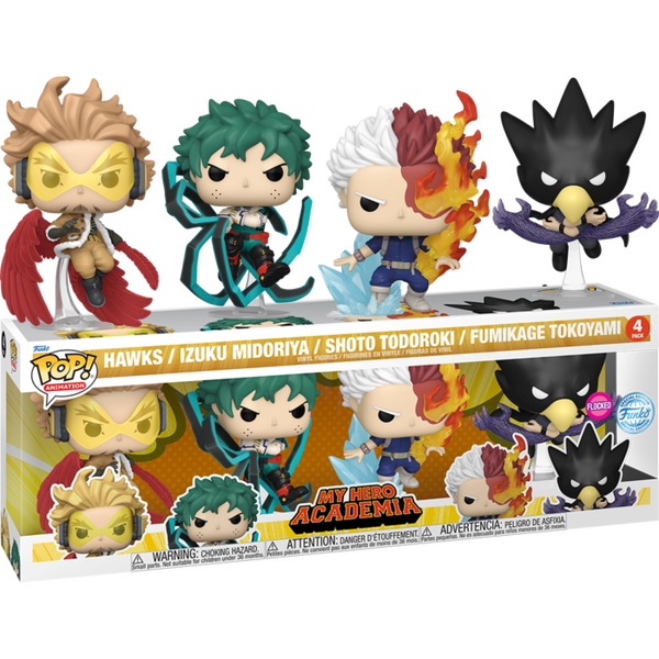 Funko Pop! My Hero Academia - Hawks, Izuku Midoriya, Shoto Todoroki & Fumikage Tokoyami Flocked - 4-Pack - Pop Basement