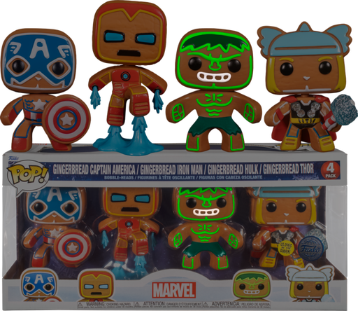 Funko Pop! Marvel: Holiday - Gingerbread Captain America, Iron Man, Thor & Hulk Glow in the Dark - 4-Pack - Pop Basement