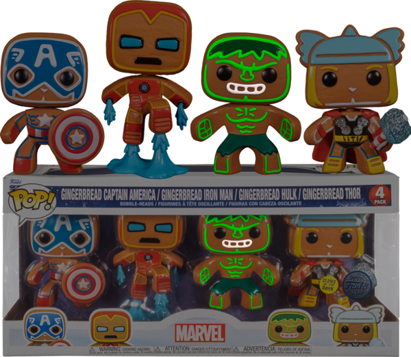 Funko Pop! Marvel: Holiday - Gingerbread Captain America, Iron Man, Thor & Hulk Glow in the Dark - 4-Pack - Pop Basement